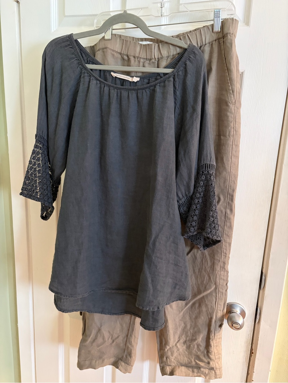 Soft Surroundings Charcoal Crochet-Sleeve Linen Top - Picture 7 of 7